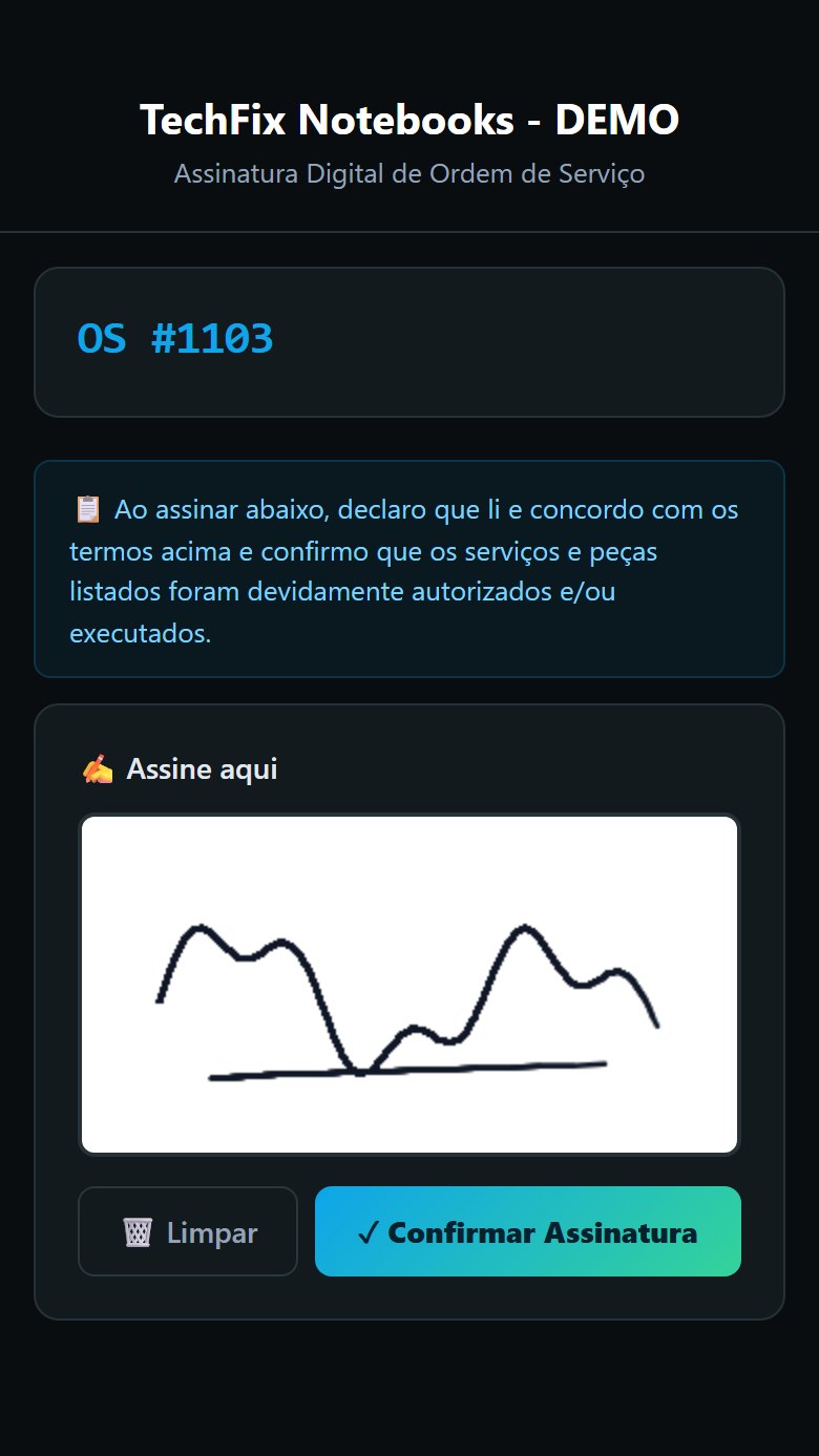 Página de assinatura digital da O.S. aberta no celular do cliente, com o quadro para desenhar a assinatura